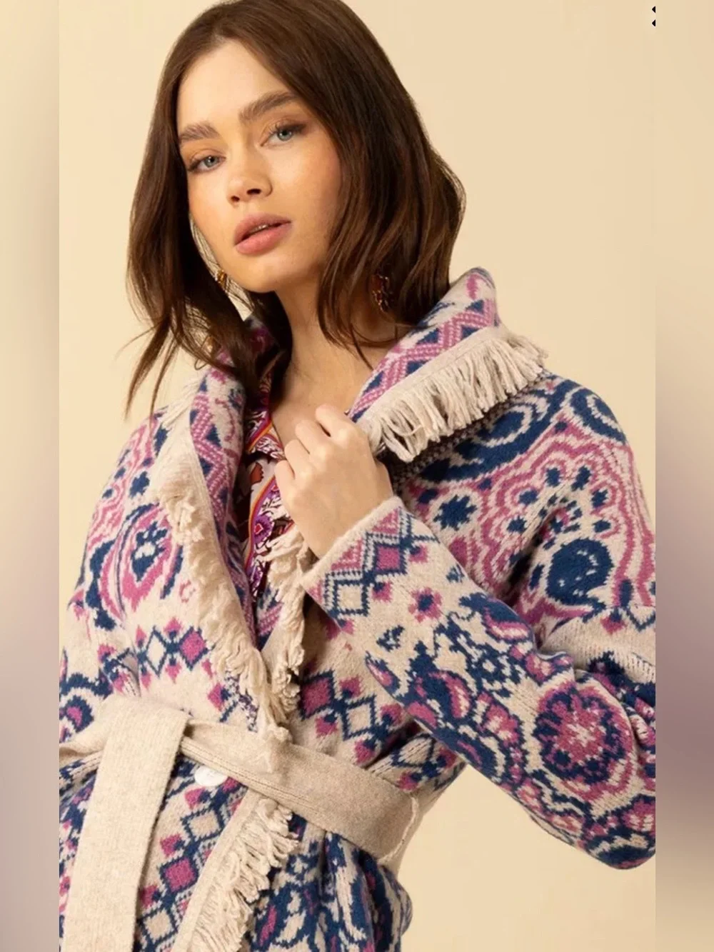 Hale Bob Sweater Jacket S Fringed HaisleyPink Blue Spectacular Cardigan